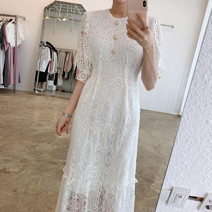 Gambar Dress Midi Wanita Premium ICONZ Import Brukat Lengan Balon - 00337 - Putih, all size dari ICONZ Clothing undefined Tokopedia