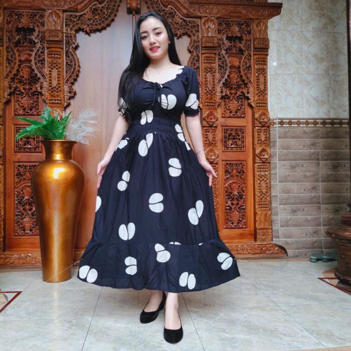 Gambar Dress Cassandra Serut Coffee Rayon Super Premium Motif Terbaru - Hitam dari Habibi Bali undefined Tokopedia
