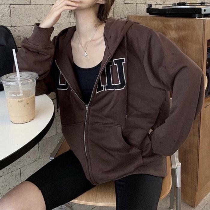 Jual Brown Zipper Jacket Zip Up Baseball Varsity Oversize Jaket