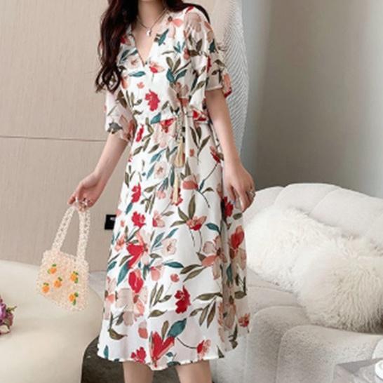 Dres wanita floral dress bunga korea midi santai wanita casual import  Bunga putih, 3XL di Laristass Tokopedia