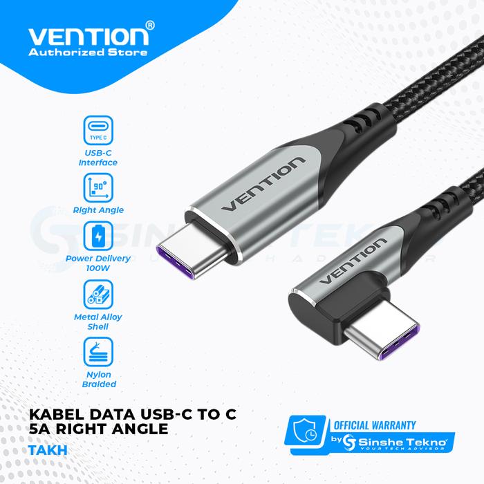 Gambar Vention Kabel Usb Type C to C 5A 6A Right Angle Quick Super Fast Charging Samsung Huawei Xiaomi - TAK Grey, 0.5 Meter dari Vention Authorized Store undefined Tokopedia