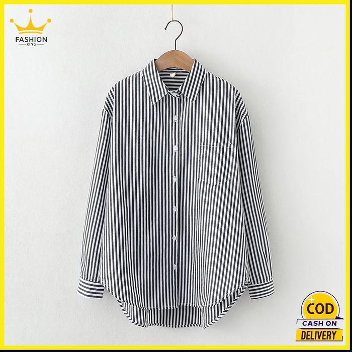 Gambar Fashion King Kemeja Wanita Casual Kantor Lengan Panjang Motif Garis - HITAM 016, M dari Fashion King Official Store undefined Tokopedia