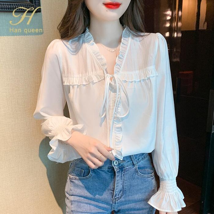 Gambar Women Blouse Vintage Work Casual Top Chiffon Blouse Elegant Simple - white, L dari blouse import korea undefined Tokopedia