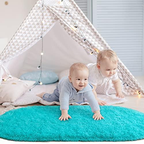 Gambar YJ.GWL Oval Bedside Rugs for Bedroom, Fluffy Turquoise dari Home and Kitchen USA undefined Tokopedia