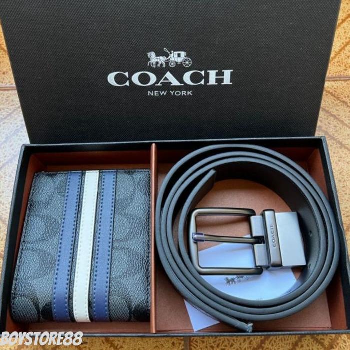 Gambar Dompet COÄCH Pria X Belt Combo ORIGINAL FULLSET - Strip blue dari Boystore Id undefined Tokopedia