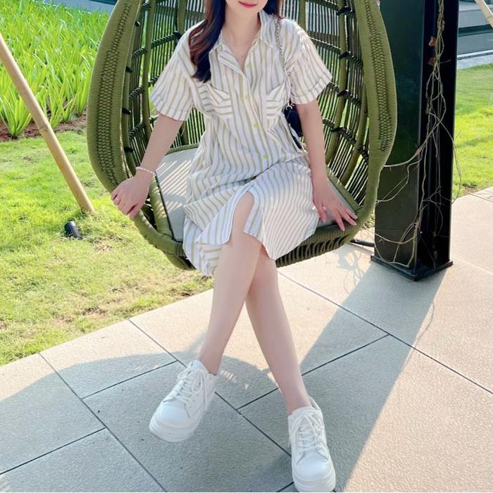 Gambar STRIPES COTTON SHIRTDESS / DRESS KATUN SALUR PREMIUM BANGKOK - Green dari fashion.id90 undefined Tokopedia