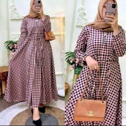 Gambar Baju Gamis Kotak2 Wanita Dewasa Jumbo Busui Resleting Depan Terbaru - pink, XXL dari Fuji fashion shop undefined Tokopedia