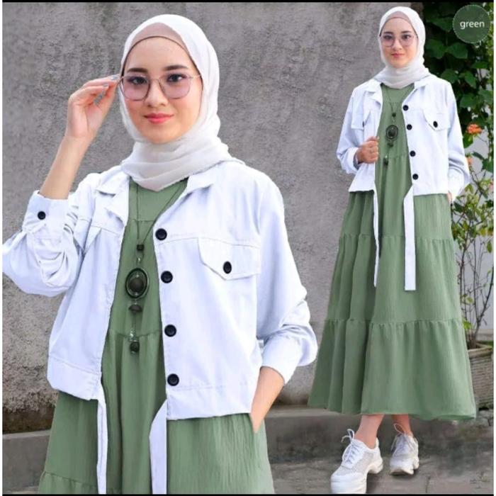 Gambar Gamis Valen Set Rompi One Set 2in 1/Gamis Wanita Kekinian/Gamis - SAGE, M dari Fuji fashion shop undefined Tokopedia