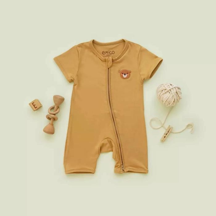 Gambar Emico TENCEL Baby Romper Short 0-18mos - Miko Patch - Mocha, 6-12 M dari bebechan-id undefined Tokopedia