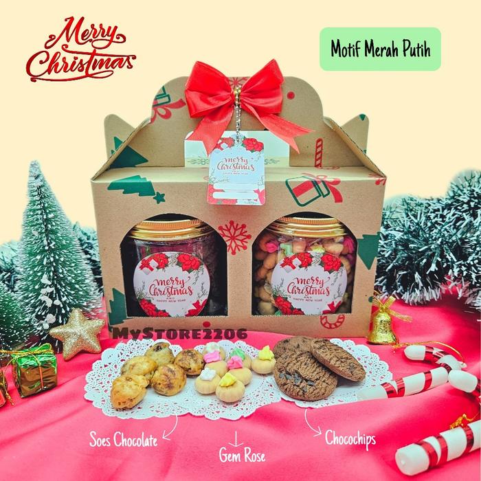 Gambar PROMO HAMPERS PARCEL NATAL 2023 COOKIES KUE KERING CHOCO CHIPS, GEM - Merah Putih, 2 Jar Gem Rose dari MaisyShopp undefined Tokopedia