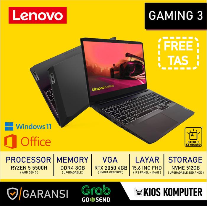 Gambar LENOVO GAMING 3 RYZEN 5 5500H 8GB/512GB RTX 2050 4GB 15.6" FHD W11 OHS - STANDARD, 8GB dari KIOS LAPTOP & GADGET undefined Tokopedia