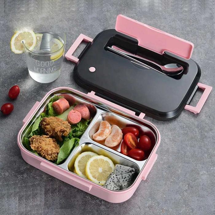 Gambar Kotak Makan Stainless Steel 3 Sekat Anti Tumpah Lunch Box 1300ml - Pink dari okebuystoreid undefined Tokopedia