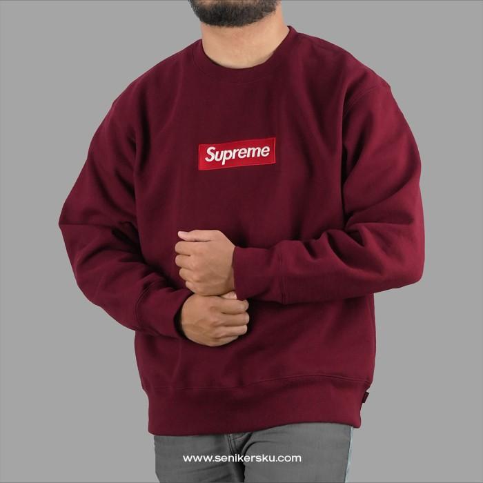 Jual terbagus supreme box logo crewneck cardinal (100% authentic 