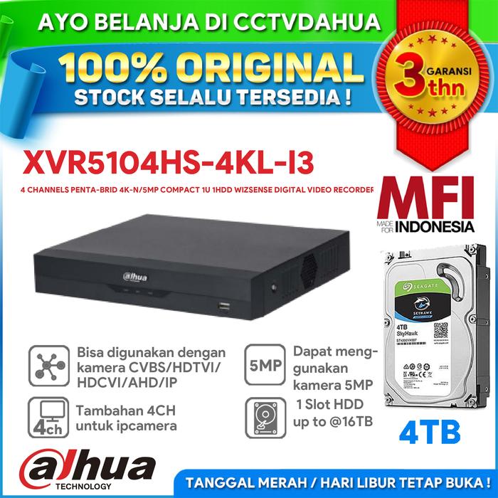 Gambar DAHUA XVR5104HS-4KL-I3 4CH PENTA-BRID 1U 1 SLOT HDD WIZSENSE H.265 DVR - HDD 4TB MFI dari cctvdahua undefined Tokopedia