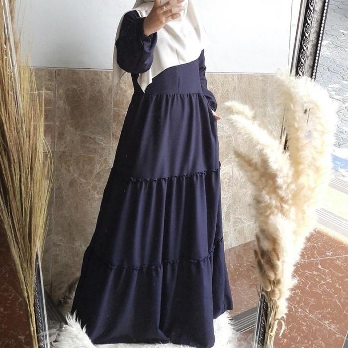 Gambar Baju gamis terbaru model rempel susun luar bahan ity crepe premium - Navy, S dari Anaura Fashion Muslim undefined Tokopedia