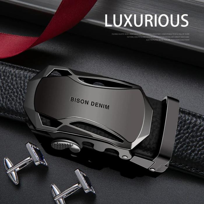 Gambar Ikat Pinggang Pria Kulit Asli Bison Denim Original Bisnis Auto Buckle - 130cm+box biasa, Hitam dari Techno Link undefined Tokopedia
