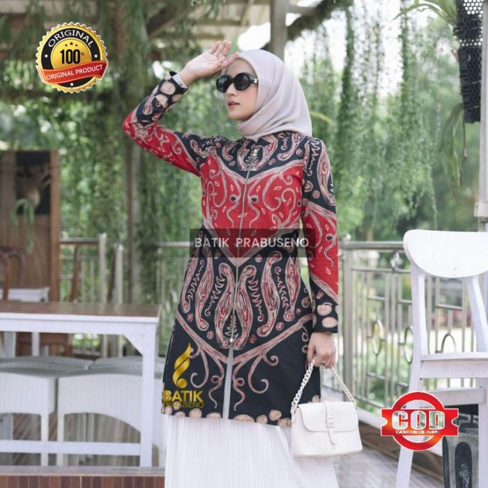 Gambar Baju Atasan Tunik Batik Wanita Kerja Motif Indira Merah Zipper Depan dari Lathifa mall undefined Tokopedia