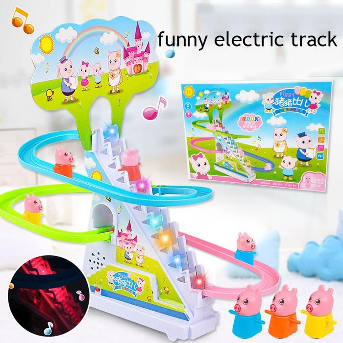 Gambar Bebek Listrik Rel Kereta Slide Piggy Mendaki Tangga Mainan Bayi Lampu dari Toko Om Olly undefined Tokopedia