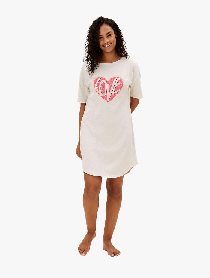 M&S 2pk Cotton Rich Heart Short Nightdresses Light Pink Mix Light  Pink Mix, L