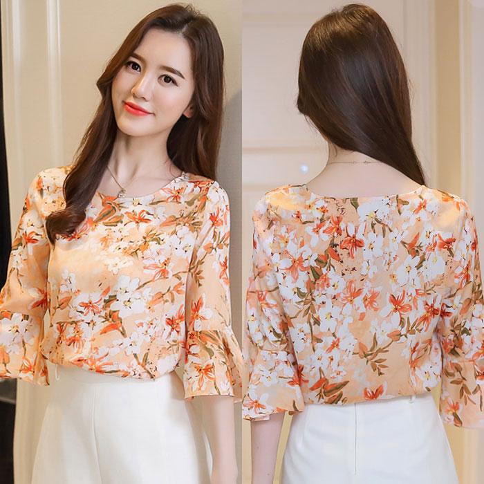 Gambar Blouse Wanita Bunga Lengan Terompet Fashion Import 51405 - Pink dari Ai Lingerie undefined Tokopedia