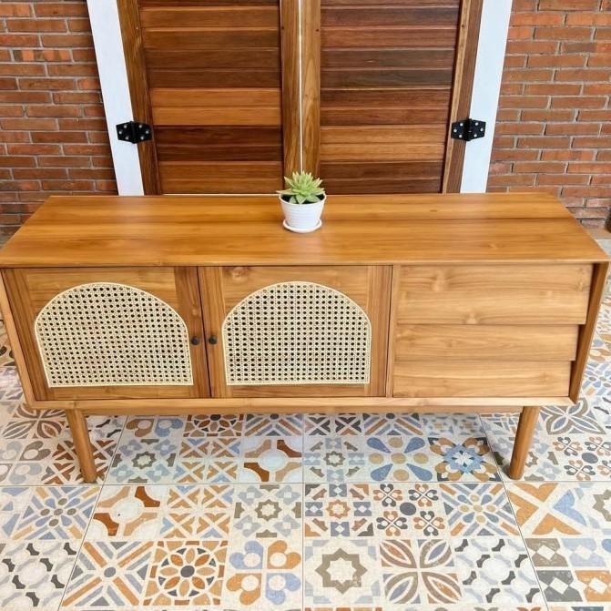 Gambar MEJA TV BUFET TV KAYU JATI | BUFFET RETRO 3 LACI ROTAN FURNITURE JATI - Belum Finishing dari Indah Jati Putra undefined Tokopedia