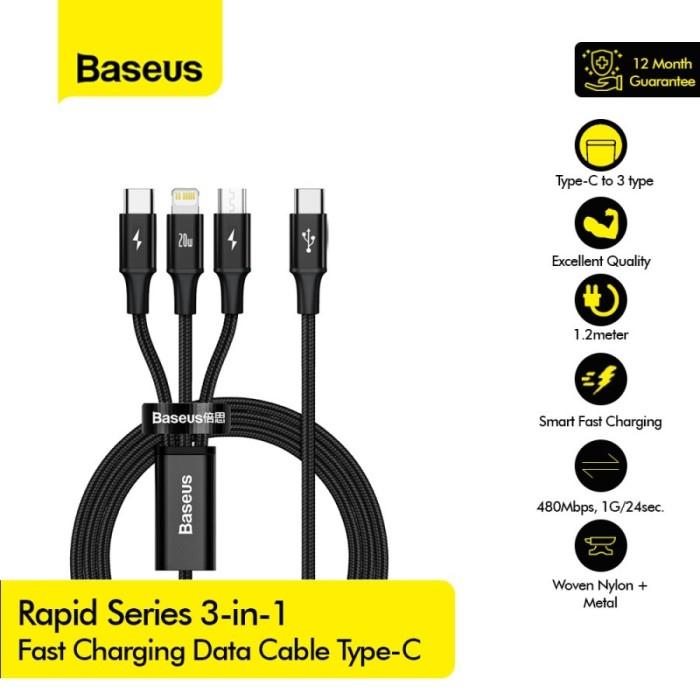 Gambar BASEUS Rapid Series 3-in-1 Cable Type-C to C+L+C PD 20W 1.5m CAMLT-SC - Hitam dari gajettoid undefined Tokopedia