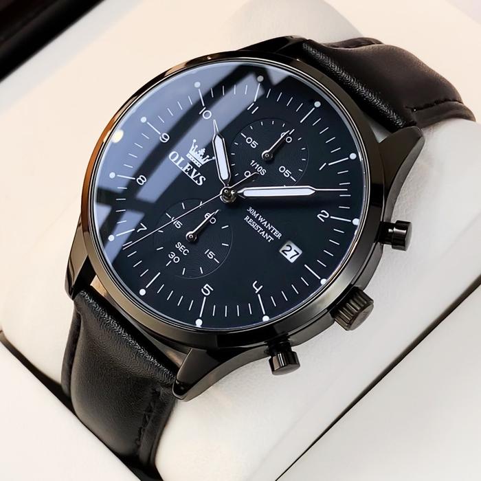 Olevs Jam Tangan Pria Anti Air Original Kulit Tahan Keren Led Hitam