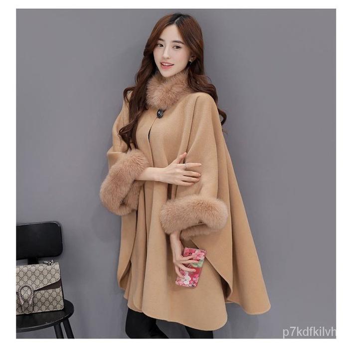 Jual Winter Womens Cloak Big Fur Collar Plus Size Wool Coat Long