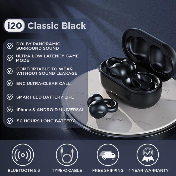 Gambar KINGLUCKY i20 TWS Earphone Bluetooth Wireless Waterproof | Ear Clip - Black dari Kinglucky_Official undefined Tokopedia