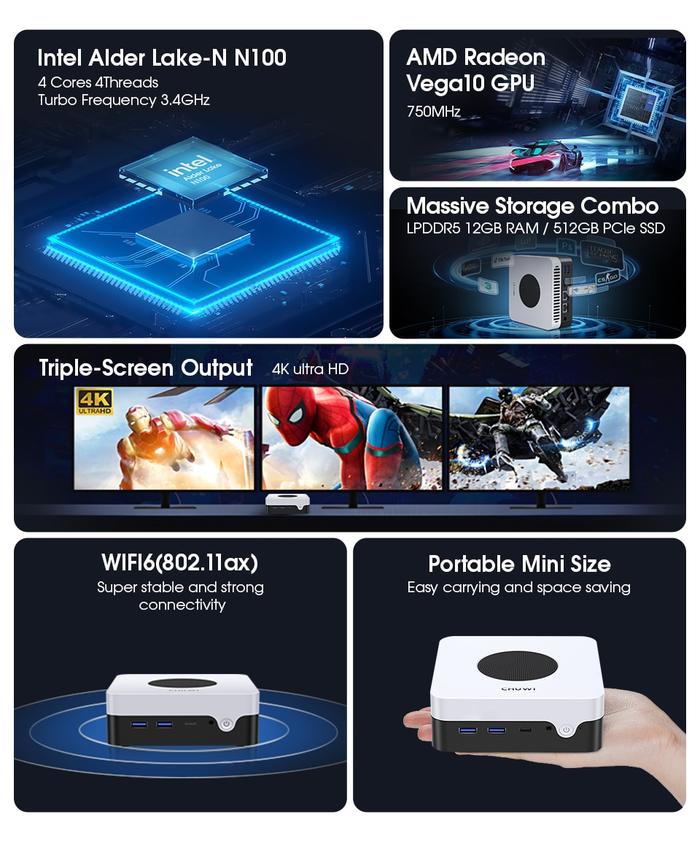CHUWI LarkBox X Mini PC – Intel N100 4.1GHz, 12GB RAM, 512GB SSD, Windows 11 Home – 2023 Model