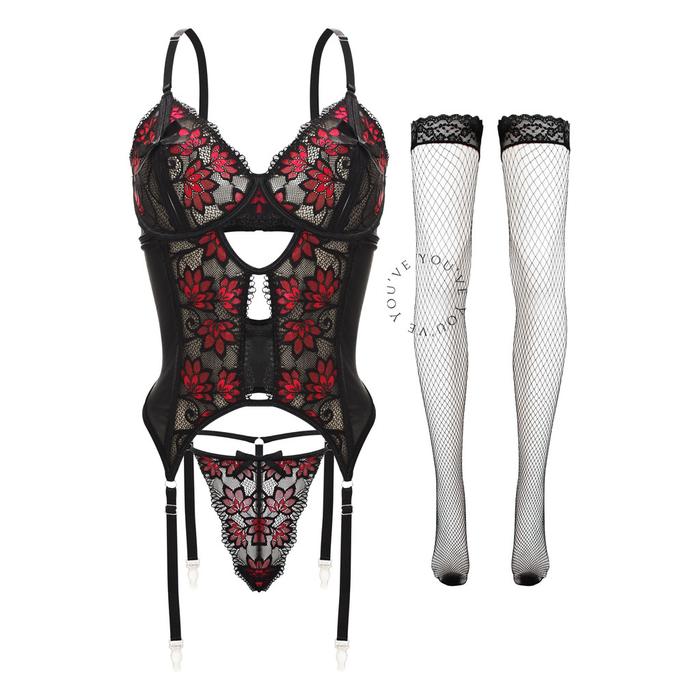 Gambar Lingerie Set Sexy Hot Brukat Premium BodySuit Garter BeltWanita 700037 - Black, M dari YouHave Store undefined Tokopedia