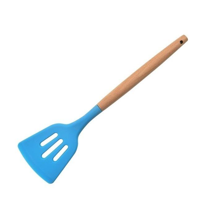 Gambar Spatula Lubang Silicone Gagang Kayu / Spatula Silikon Tahan Panas - Biru dari CS Shop88 undefined Tokopedia
