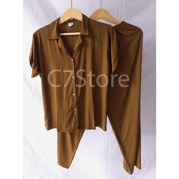 Gambar Baju Setelan Piyama Wanita Celana Panjang Lengan Pendek Polos - Coklat, LingkarDada 120 dari Carry7Store undefined Tokopedia