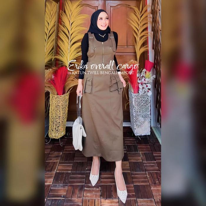 Gambar ERIKA OVERAL VIRAL busui resleting depan,ziper,kantong cargo , bahan - ARMY dari Gallery_Qila undefined Tokopedia