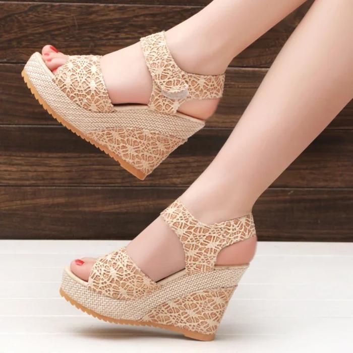 Jual Women's Wedges Sandals 2024 Summer New Fashion Mesh Peep Toe