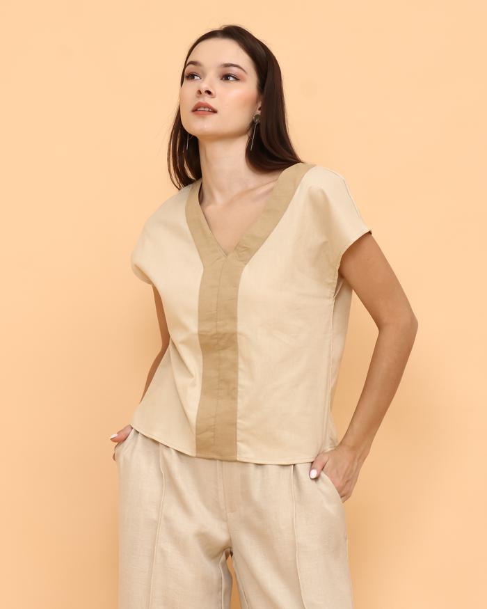 Gambar Alcazar Linen  Blouse with contrast , blouse linen katun wanita untuk kerja, kantor, dan casual - S/M dari DiaaDia undefined Tokopedia