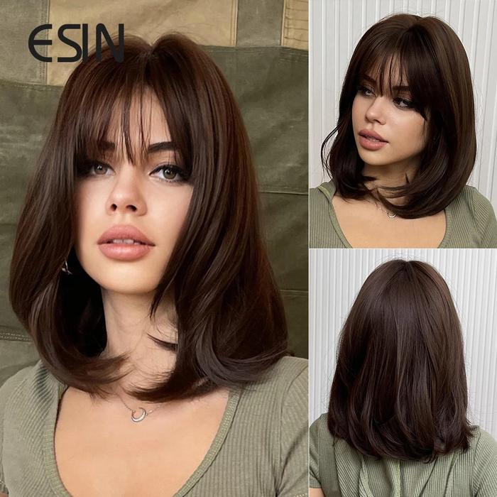 Jual ESIN Synthetic Dark Brown Ombre to Purple Bob Wigs with Bangs