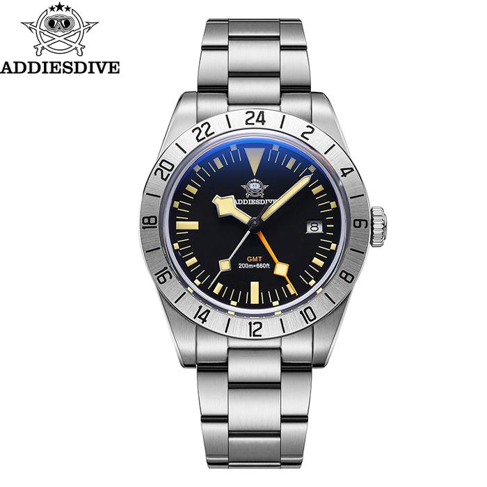 Jam Tangan Pria ADDIESDIVE GMT Watches Men's 39mm Diver Luminous Calendar Display Stainless Steel 20ATM Quartz Watches Reloj Hombre black di