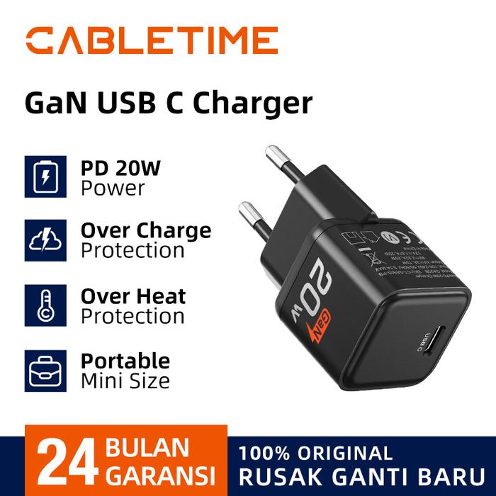 Gambar CABLETIME Adaptor Kepala Charger GaN PD Type C Fast Charging 20W 100W Series - 20W - Black dari Inprotek undefined Tokopedia