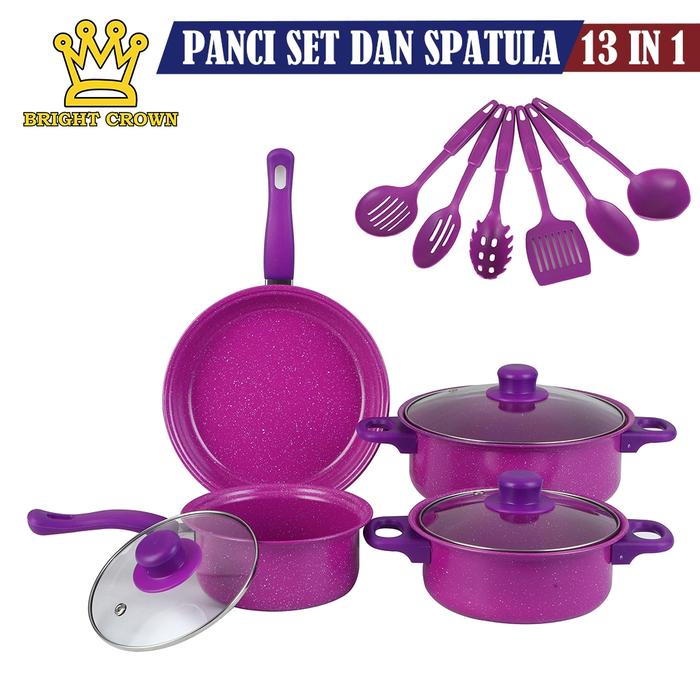 Gambar Bright Crown Cookware 13in1 Panci Set Stainless 7pcs Dengan Tutup Kaca Spatula isi 6pcs Multifungsi - Set13in1-Ungu dari alfianmartz undefined Tokopedia