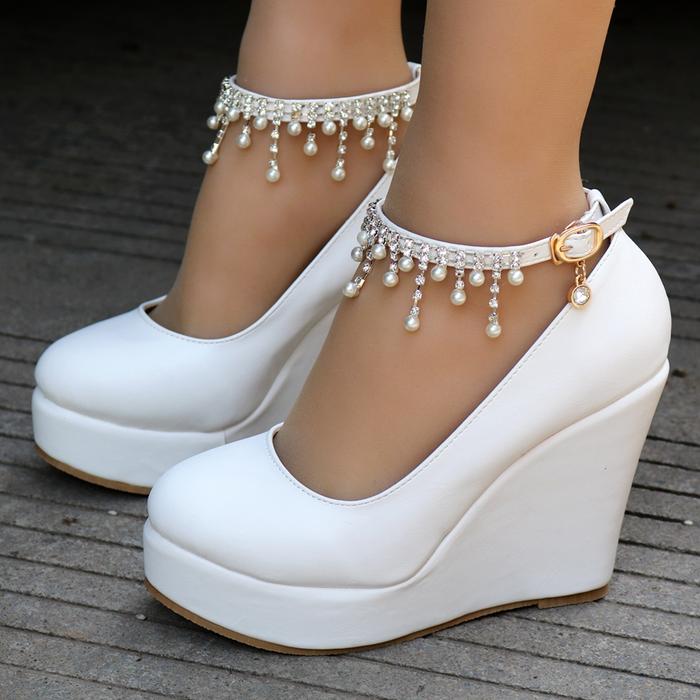 Jual Hot Sale Crystal Queen Ankle Strap Platform Wedges Women Pump
