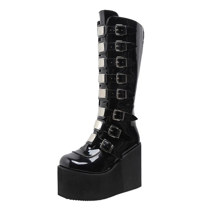 Jual Punk Design Tall Boots Leather Wedge Heel Waterproof Non-slip