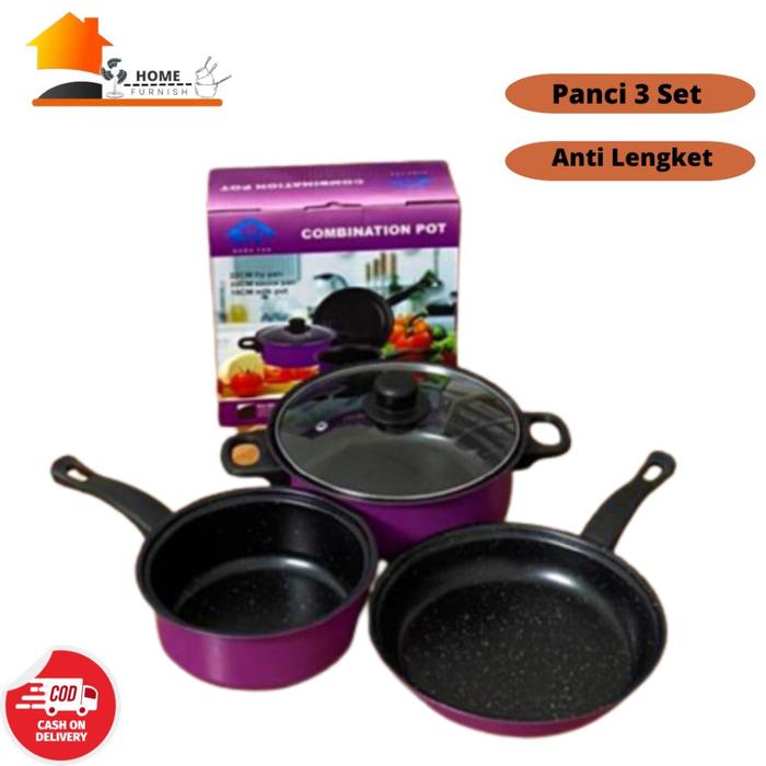 Gambar Home Furnish Panci Set 3 In 1 Wajan Teflon Stainless Steel Isi 3 - Purple dari HANA PUTRY STORE undefined Tokopedia