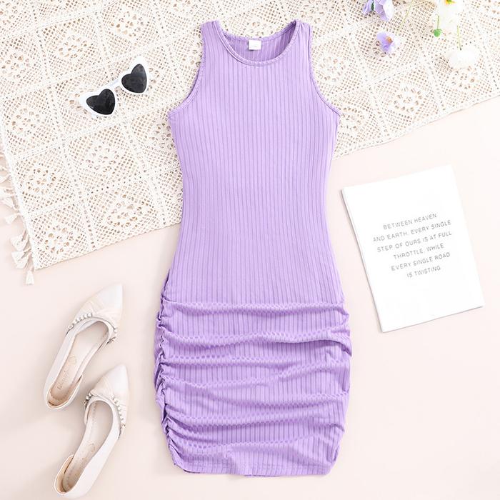 Gambar Kids Casual Dress  Girls Clothes Summer 2024  Children Fashion Bodycon Sundress Sleeveless Purple Mid V Dress 7-14Y dari riniartikah undefined Tokopedia