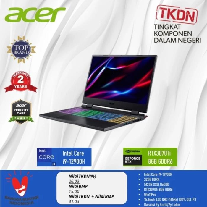 Gambar ACER TKDN NITRO ANX-0001 I9 12900H 32GB DDR4 512GB SSD RTX 3070Ti 8GB DDR6 15,6" QHD 165Hz WIN11 PRO [ANX/0001] dari MicroDigital undefined Tokopedia
