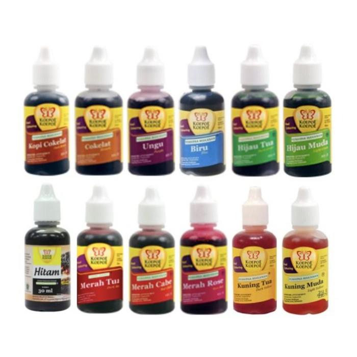 Gambar KOEPOE - PEWARNA MAKANAN 30 ML Food Colouring Kue Cake - Warna Biru Kopi Coklat Ungu Grape Hijau Kuning Merah Muda Tua Orange Merah Rose Cabe Hitam Putih 30ml dari Diyy undefined Tokopedia