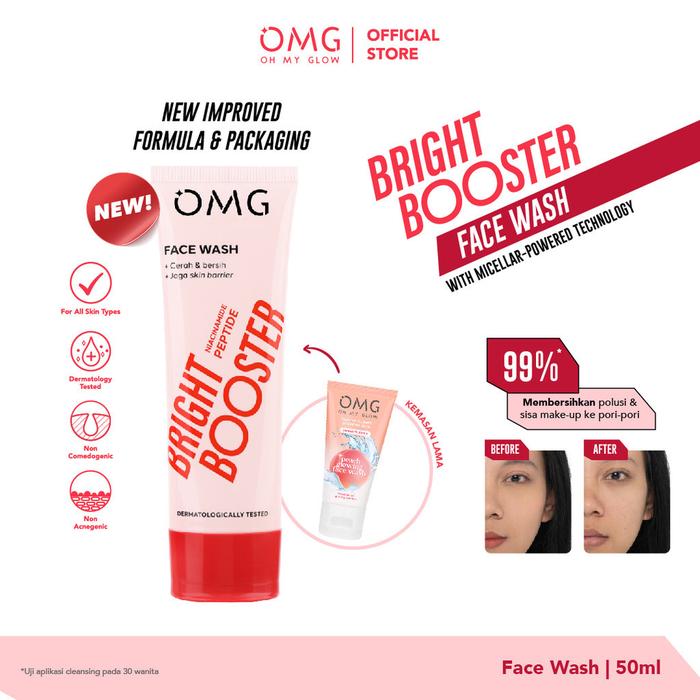 Gambar OMG Oh My Glow Bright Booster Face Wash 50ml & 100ml - Untuk Semua Jenis Kulit - Membersihkan Hingga ke Pori Tanpa Membuat Kulit Kering, Mencerahkan, Menjaga Skin Barrier - Micellar Powered Technology - Mengandung Niacinamide + Peptide - 50ml dari Om Lur Grosir undefined Tokopedia