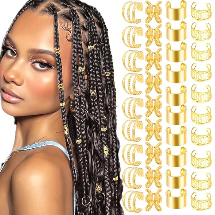 40pcs Hair Jewelry For Braids Gold Hair Cuffs Multi Style Rings Adjustable  Hair Beads For Braid Loc Dreadlock Accessories