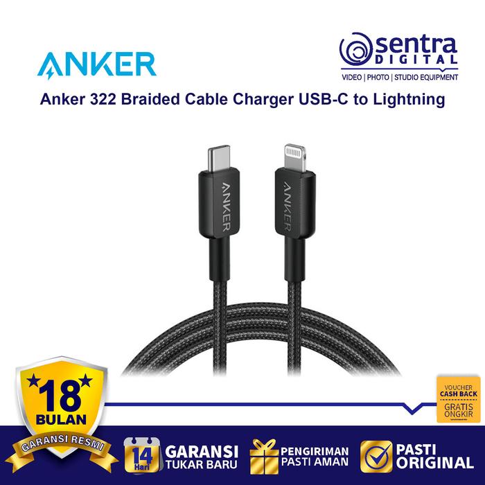 Gambar Kabel Charger Anker 322 USB C to Lightning Cable 3ft Braided - Black dari Sentra Digital undefined Tokopedia