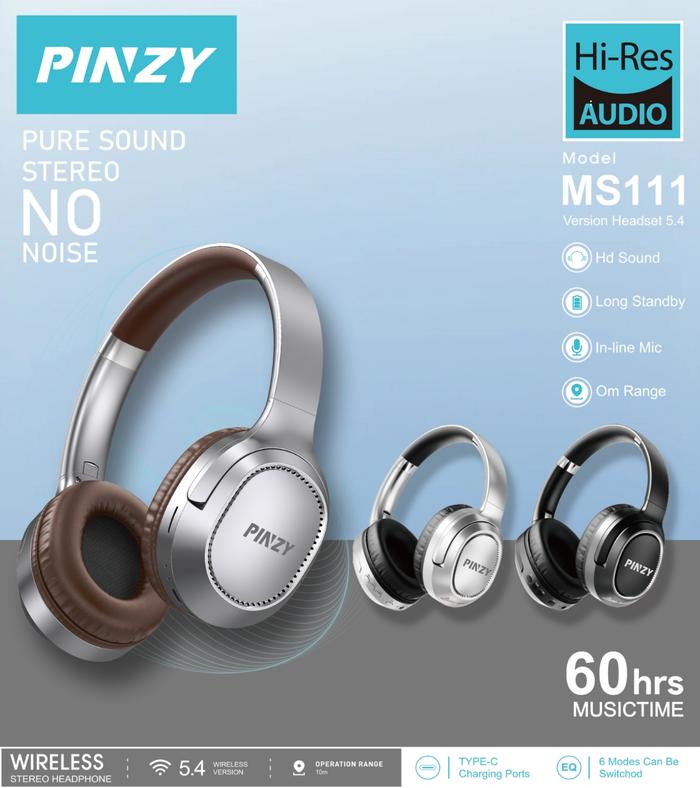 Gambar PINZY MS111 Headphone Bluetooth Pure Sound Sterao - Wireless Headphone Extra Bass with Microphone 60 Jam Stanby - Silver dari PINZY OFFICIAL STORE undefined Tokopedia